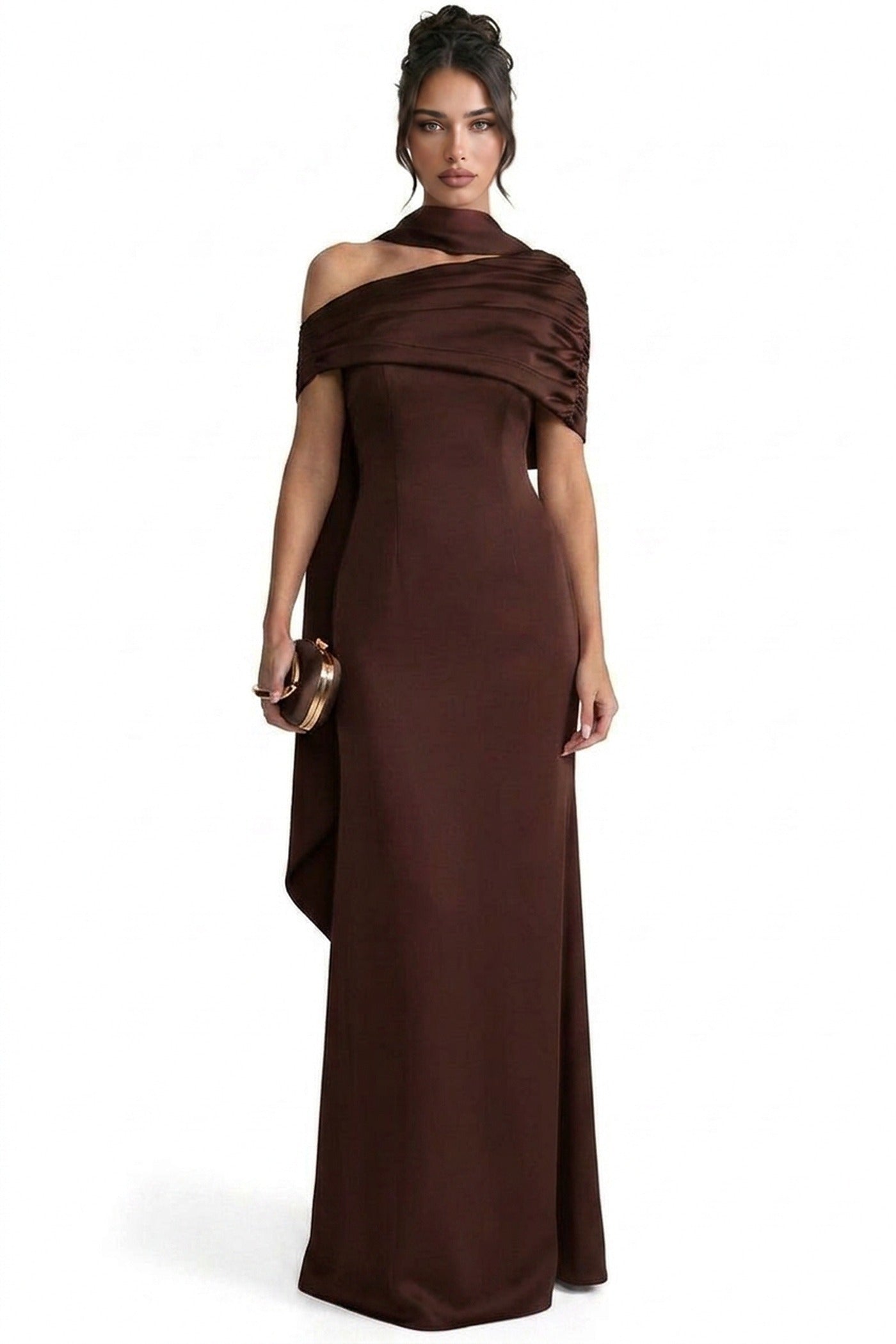 Ambrine Satin Column Gown With Draped Shoulder Wrap And High Neck - Brown