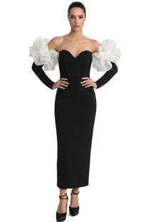 Edmonde Strapless Column Gown With Oversized Floral Shoulder Wrap - Black