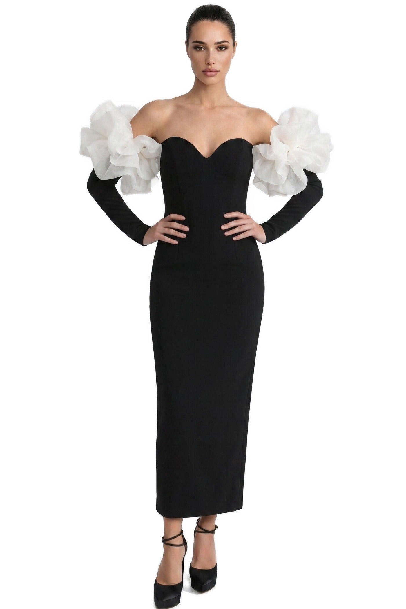 Edmonde Strapless Column Gown With Oversized Floral Shoulder Wrap - Black