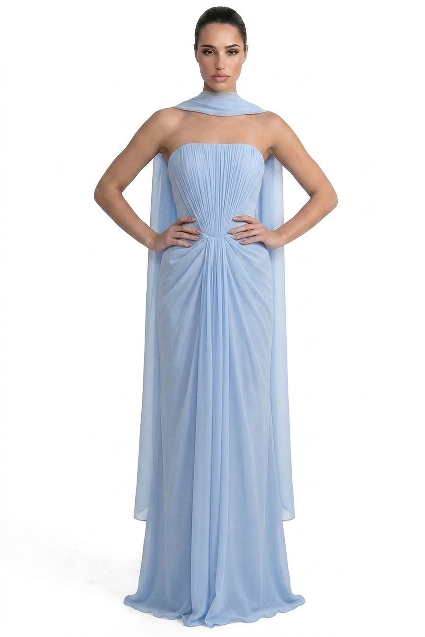 Azuria Strapless Pleated Gown With Draped Chiffon Cape - Light Blue