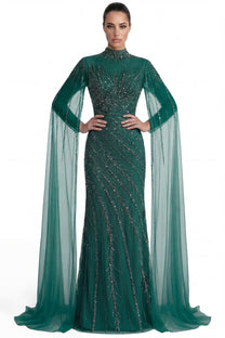 Lumière Embellished Long Sleeve Maxi Dress With Sheer Veil Sleeves - Green