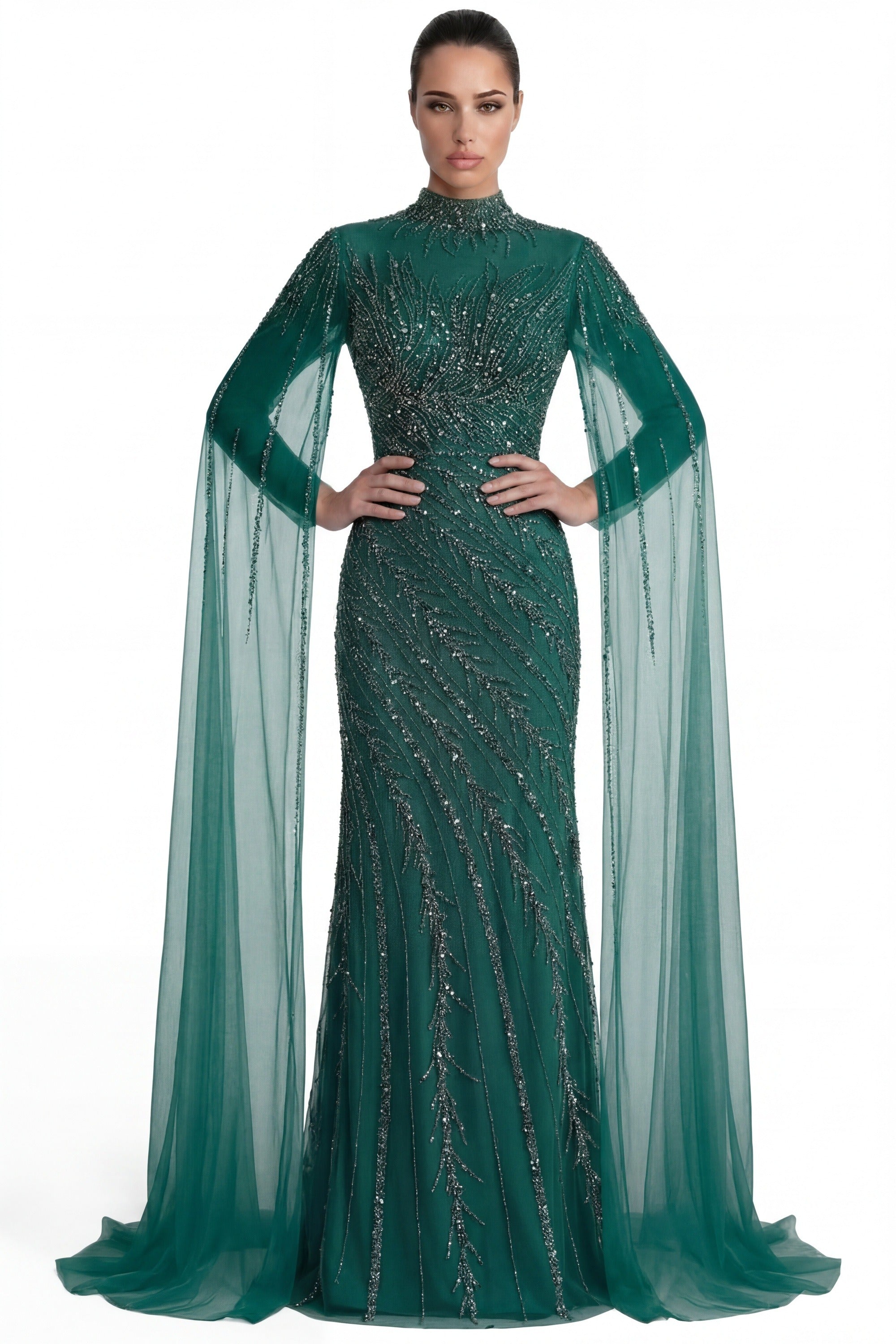 Lumière Embellished Long Sleeve Maxi Dress With Sheer Veil Sleeves - Green