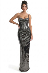 Stéphanie Sequin Mermaid Gown With Sweetheart Corset Bodice And Draped Hip - Silver