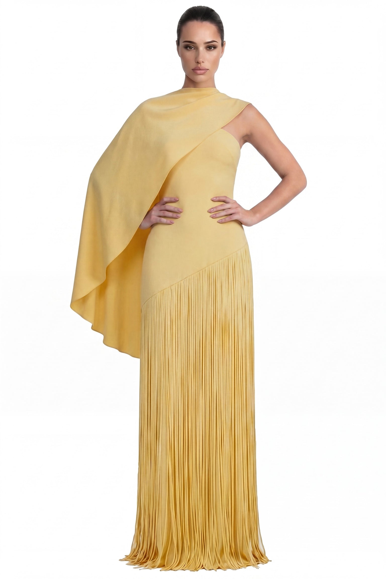 Madeleine Fringe Skirt Maxi Dress With Detachable Cape-Sleeve - Yellow