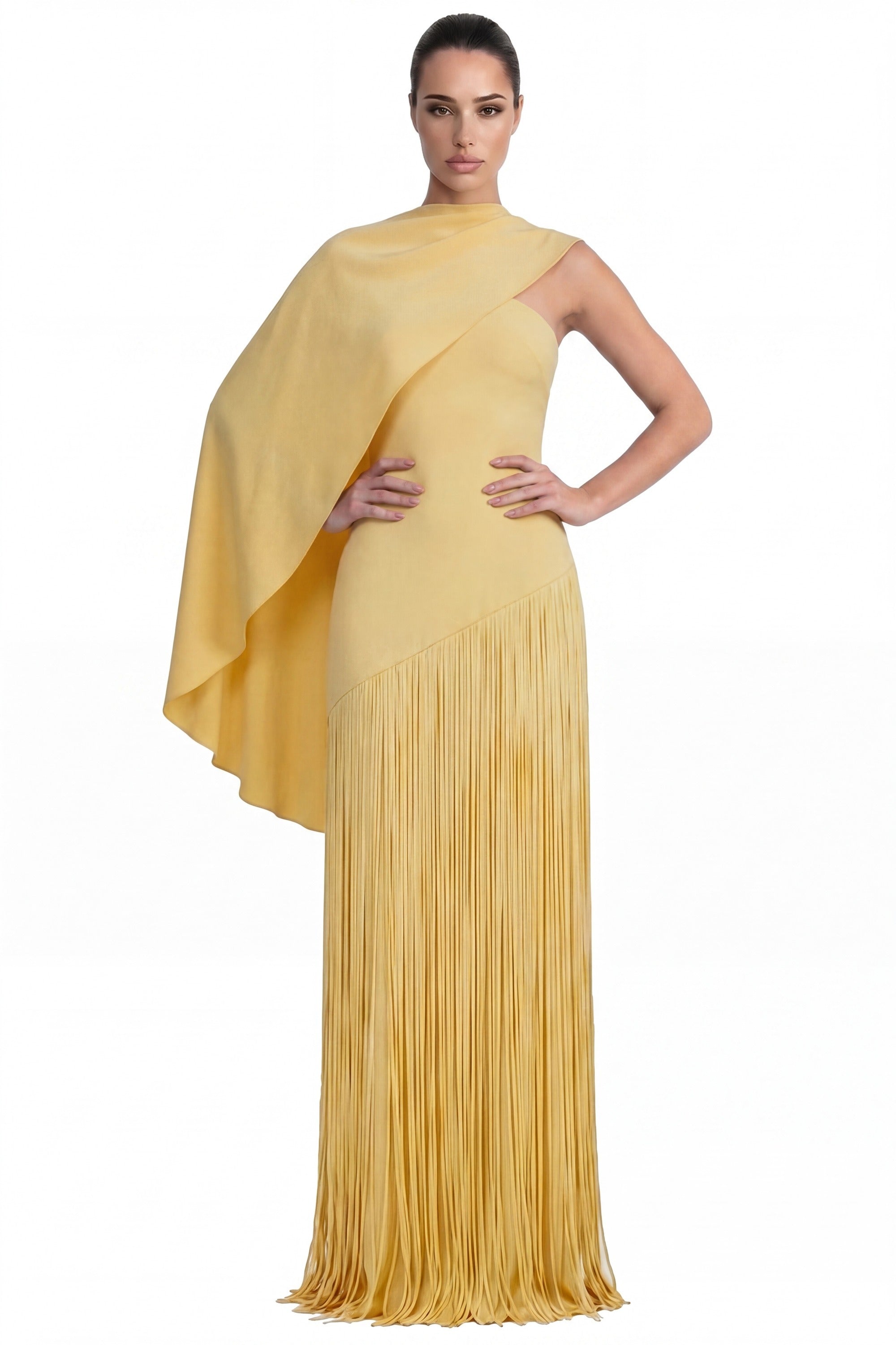 Madeleine Fringe Skirt Maxi Dress With Detachable Cape-Sleeve - Yellow