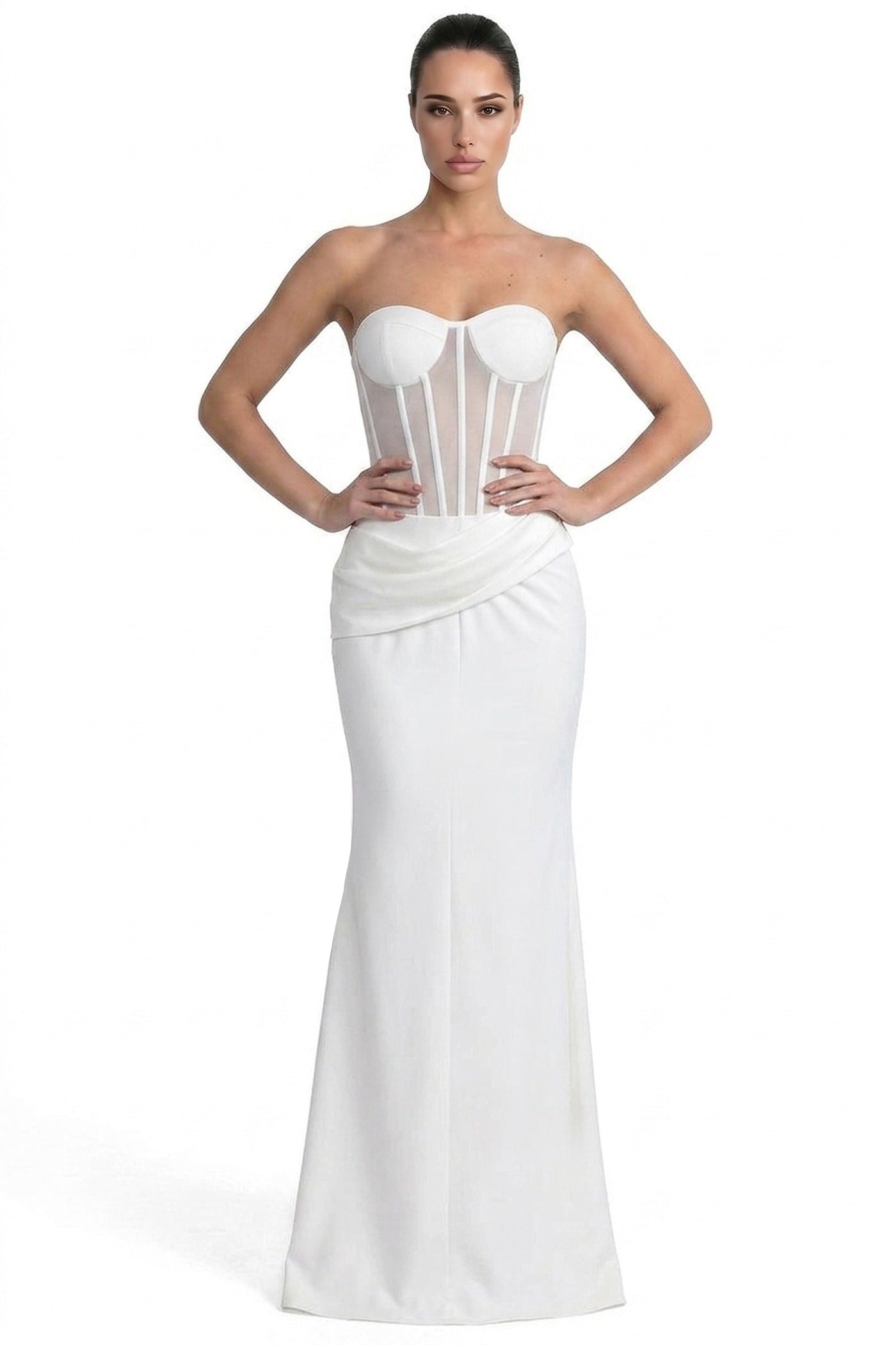 Christelle Strapless Gown With Sheer Boned Corset And Draped Skirt - White
