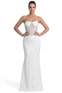 Christelle Strapless Gown With Sheer Boned Corset And Draped Skirt - White