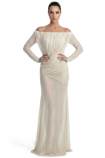 Eléonore Off-Shoulder Mesh Gown With Draped Long Sleeves - White