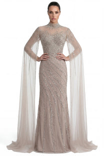 Lumière Embellished Long Sleeve Maxi Dress With Sheer Veil Sleeves - Beige