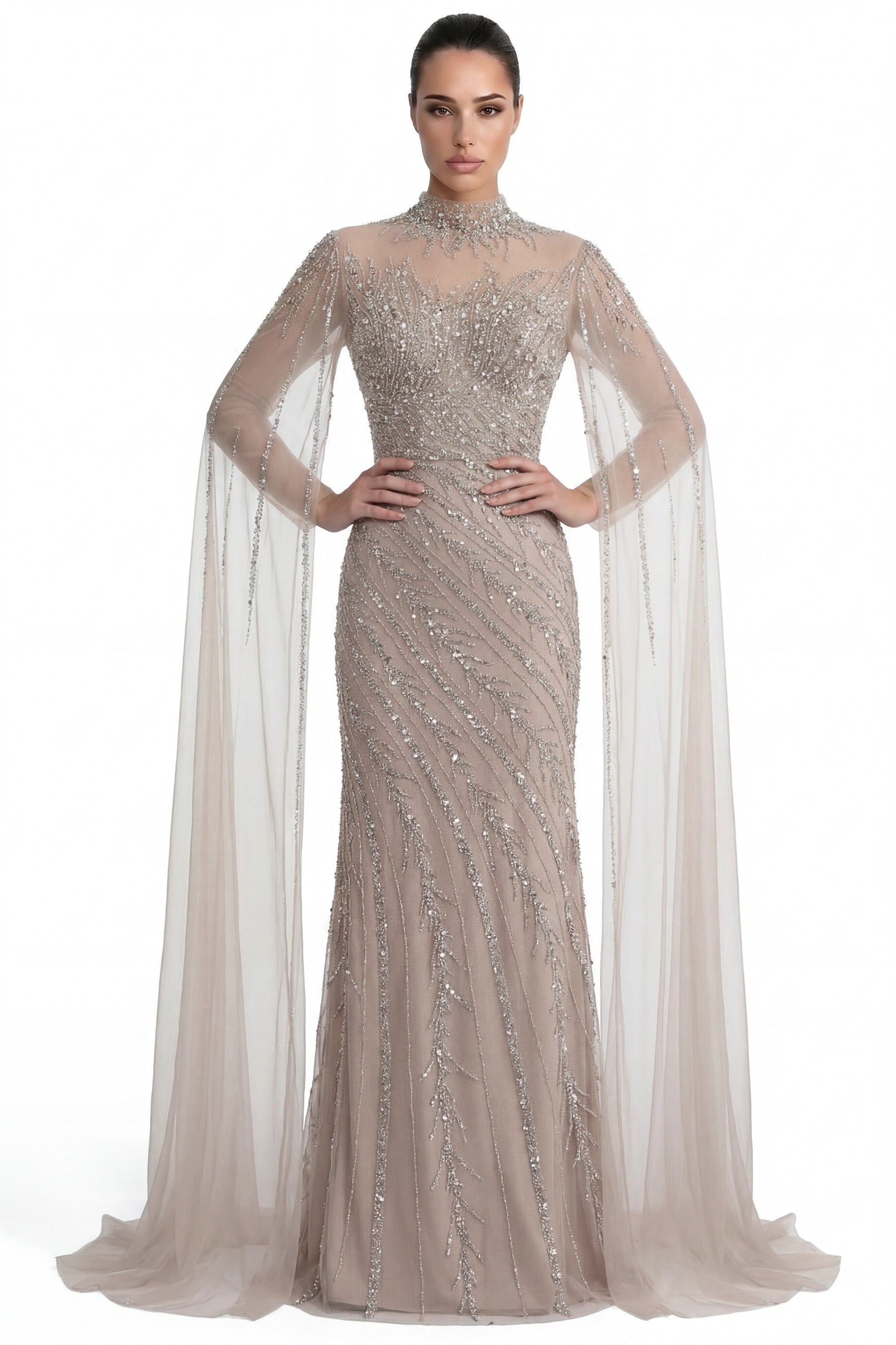 Lumière Embellished Long Sleeve Maxi Dress With Sheer Veil Sleeves - Beige
