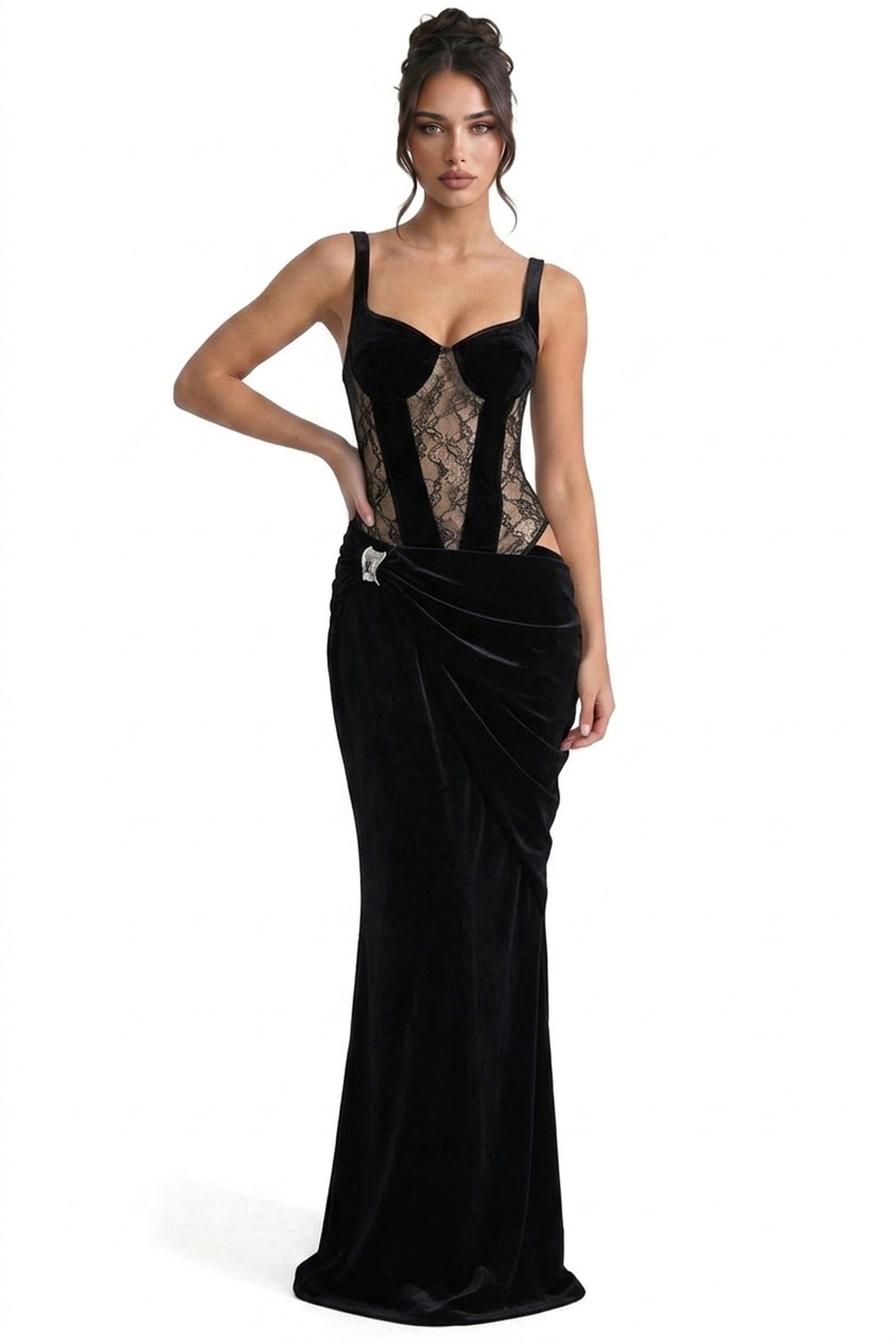 Aria Velvet Mermaid Gown With Lace Corset Bodice And Side Cutout - Black