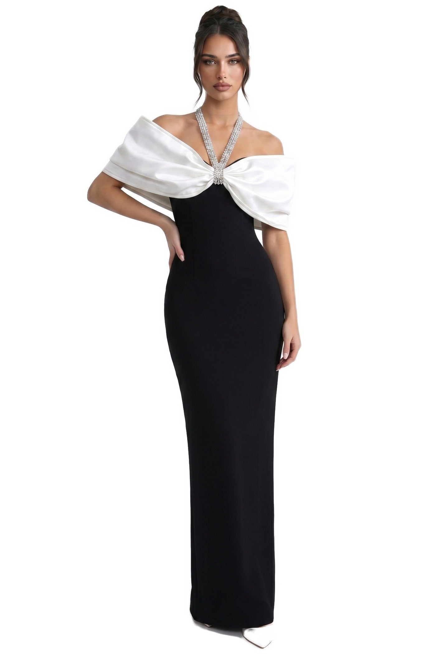 Viviane Off-Shoulder Draped Maxi Dress With Crystal Straps - Black/White