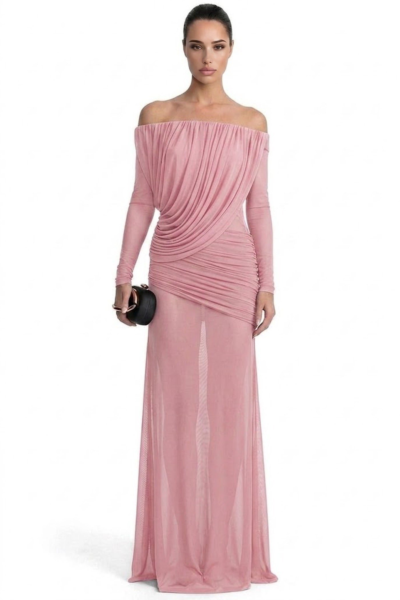 Eléonore Off-Shoulder Mesh Gown With Draped Long Sleeves - Pink