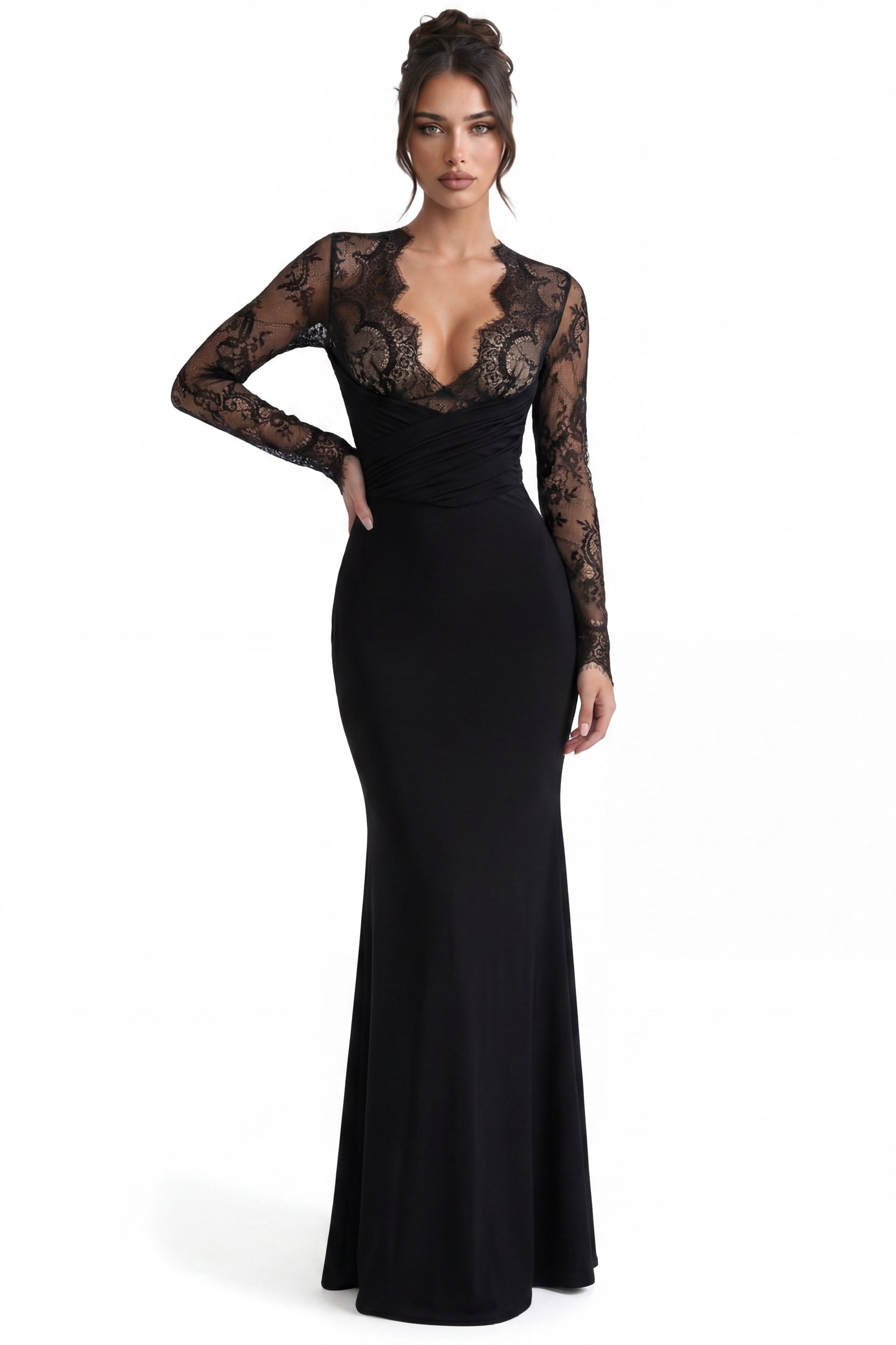 Armelle Maxikleid mit langen Ärmeln und Spitzenoberteil – Schwarz