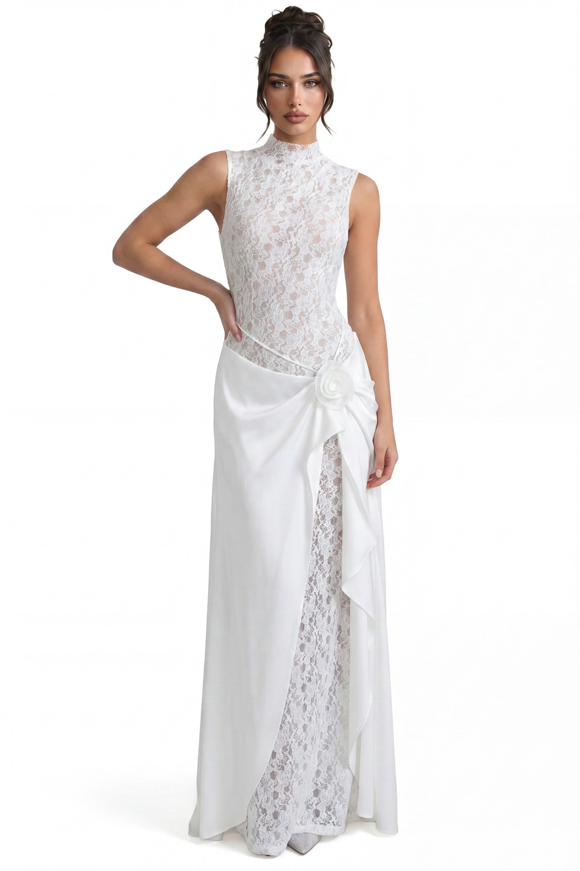 Vivienne Lace High-Neck Gown With Satin Skirt And Rose Detail - White
