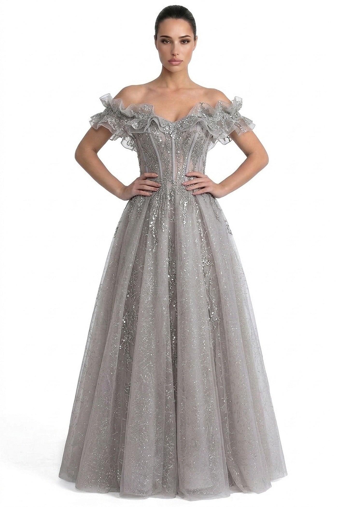 Damienne Off-Shoulder Glitter Tulle Ballgown With Beaded Corset And Ruffle Neckline - Light Gray
