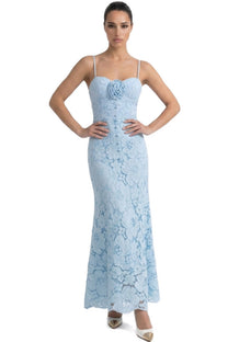Iris Lace Midi Dress With Sweetheart Corset And 3D Rose Detail - Blue