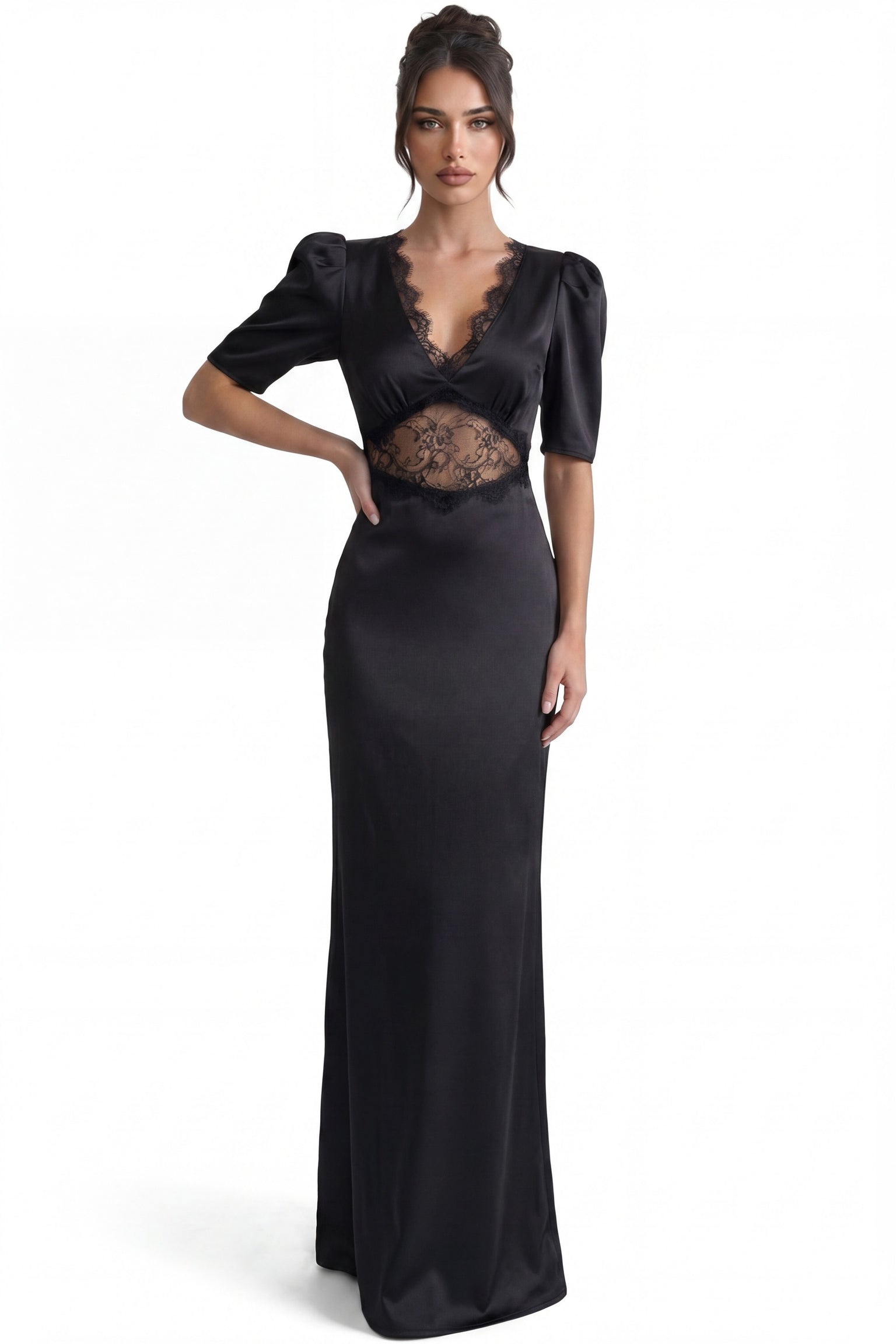 Céleste Maxi Dress With Puff Sleeves And Lace Cutout - Black