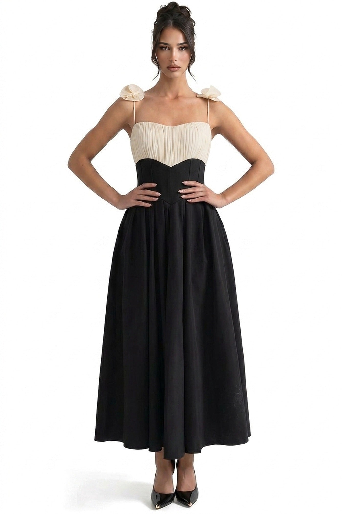 Isabeau Contrast Corset Midi Dress With Ruched Bodice And Floral Strap Detail - Black