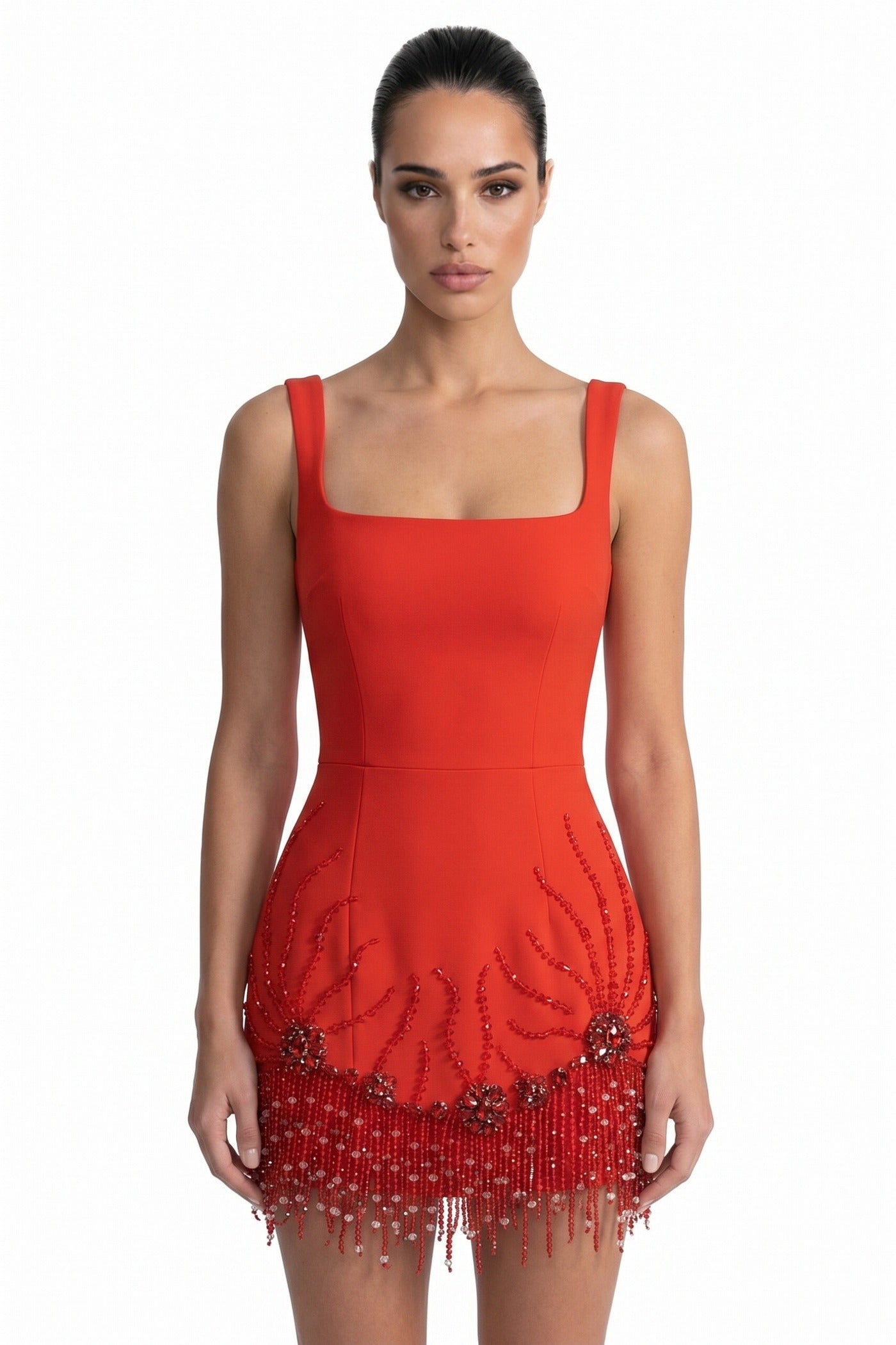 Ozanne Square-Neck Mini Dress With Crystal Fringe Hem - Red