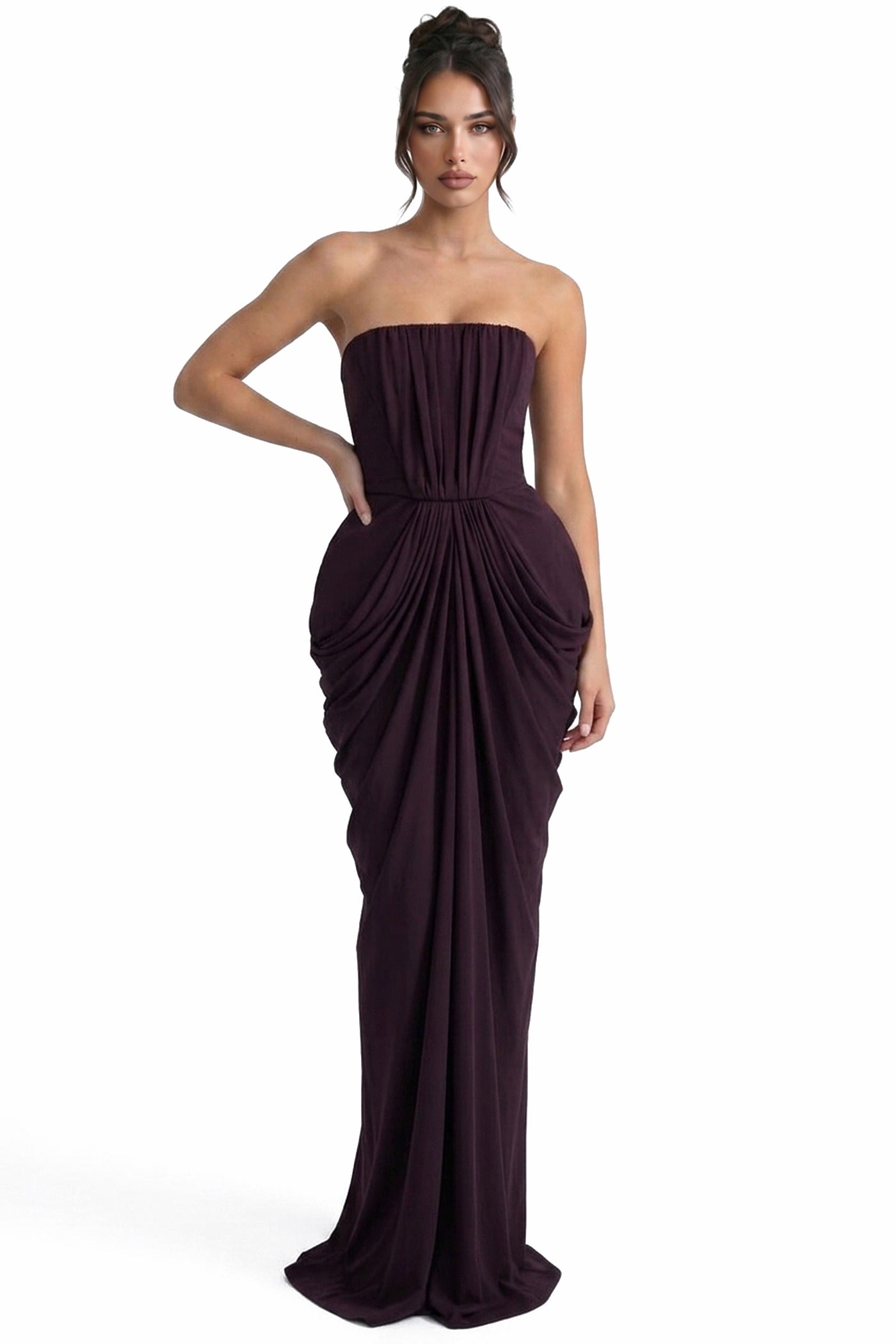 Arabelle Draped Strapless Gown With Ruched Waist Detail - Coffee