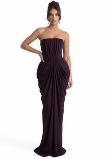 Arabelle Draped Strapless Gown With Ruched Waist Detail - Coffee