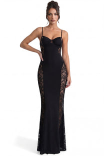 Mélodie Elegant Beaded Maxi Gown With Side Sheer Detailing - Black
