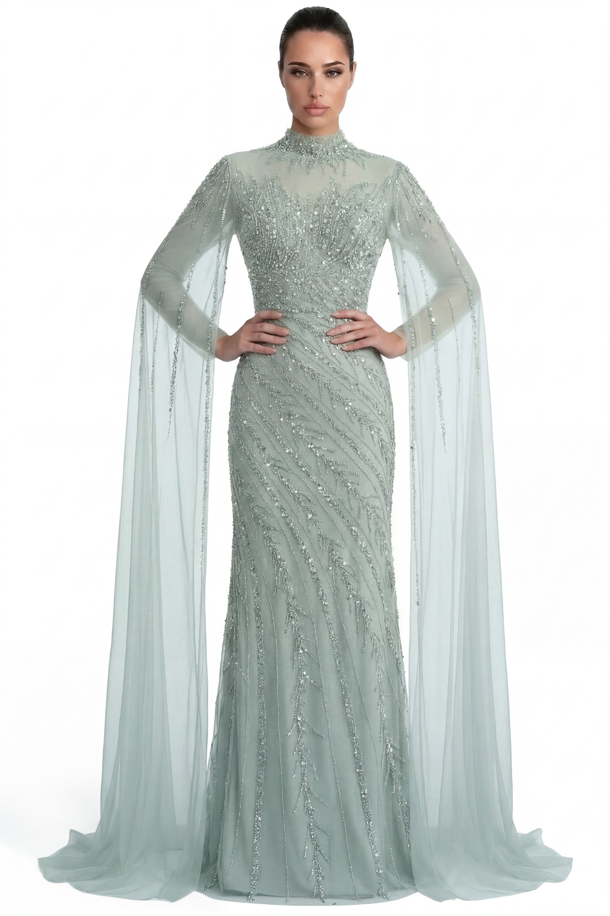 Lumière Embellished Long Sleeve Maxi Dress With Sheer Veil Sleeves - Teal