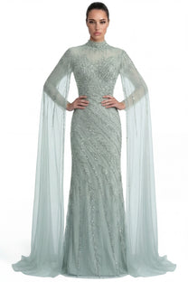 Lumière Embellished Long Sleeve Maxi Dress With Sheer Veil Sleeves - Teal
