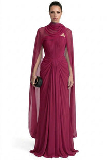 Azuria Strapless Pleated Gown With Draped Chiffon Cape - Red