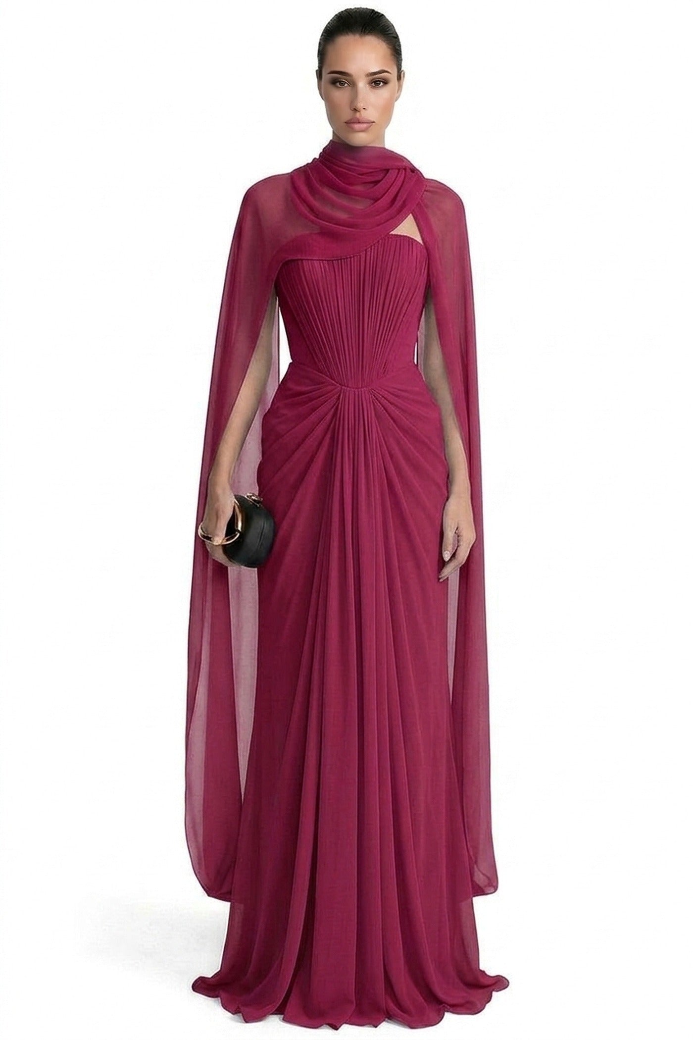 Azuria Strapless Pleated Gown With Draped Chiffon Cape - Red