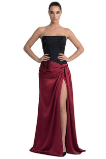 Léonie Strapless Colorblock Gown With Satin Skirt And Bow Tie - Black/Red