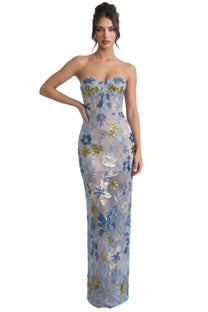 Herminie Strapless Floral Sequin Maxi Dress With Column Silhouette - Light Blue
