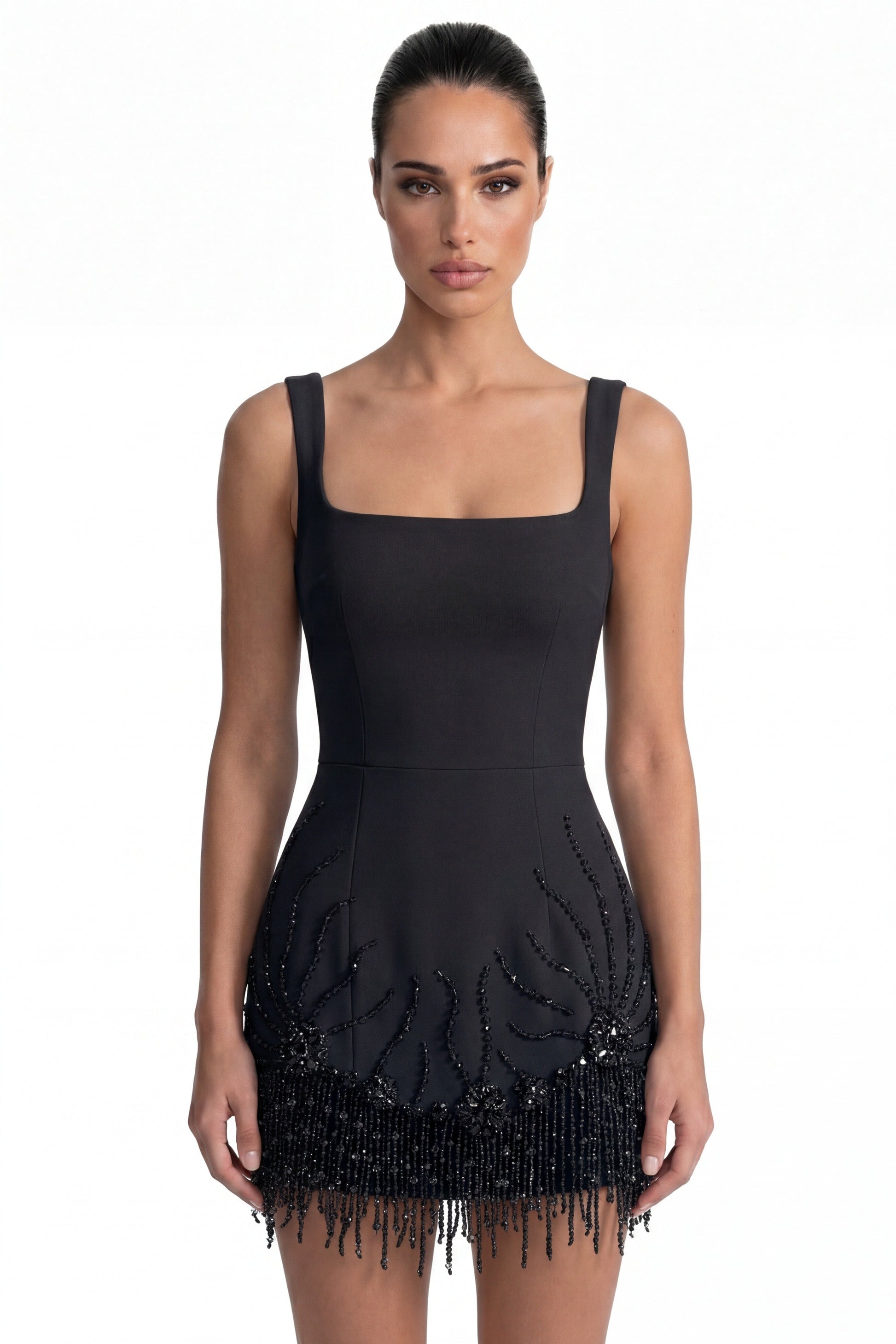 Ozanne Square-Neck Mini Dress With Crystal Fringe Hem - Black