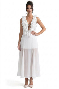 Violette Deep V Maxi Dress With Ruffled Bodice And Tie Front Detail - White