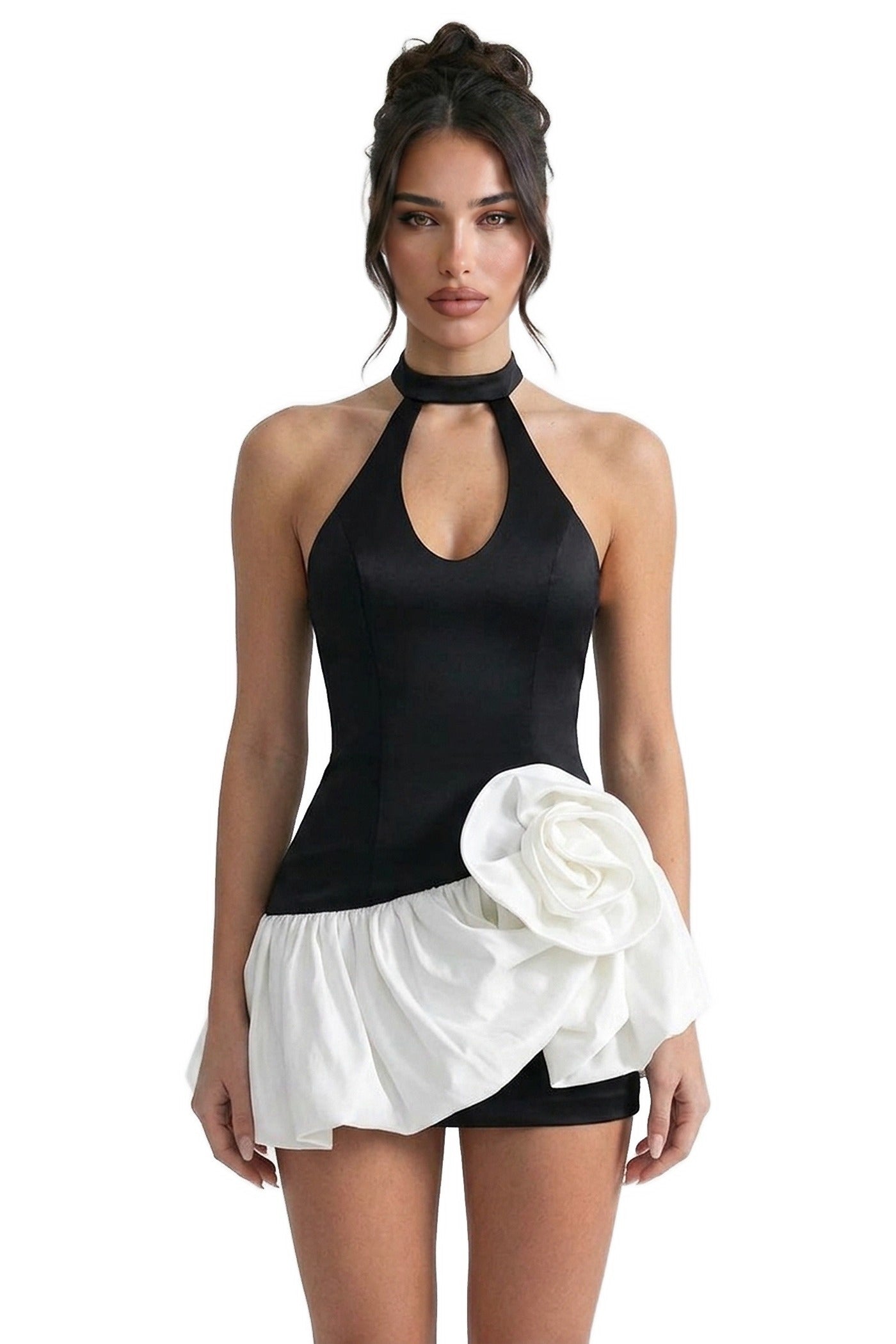 Zélie Halter Neck Mini Dress With Keyhole Cutout And 3D Rose Skirt - Black
