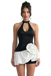 Zélie Halter Neck Mini Dress With Keyhole Cutout And 3D Rose Skirt - Black