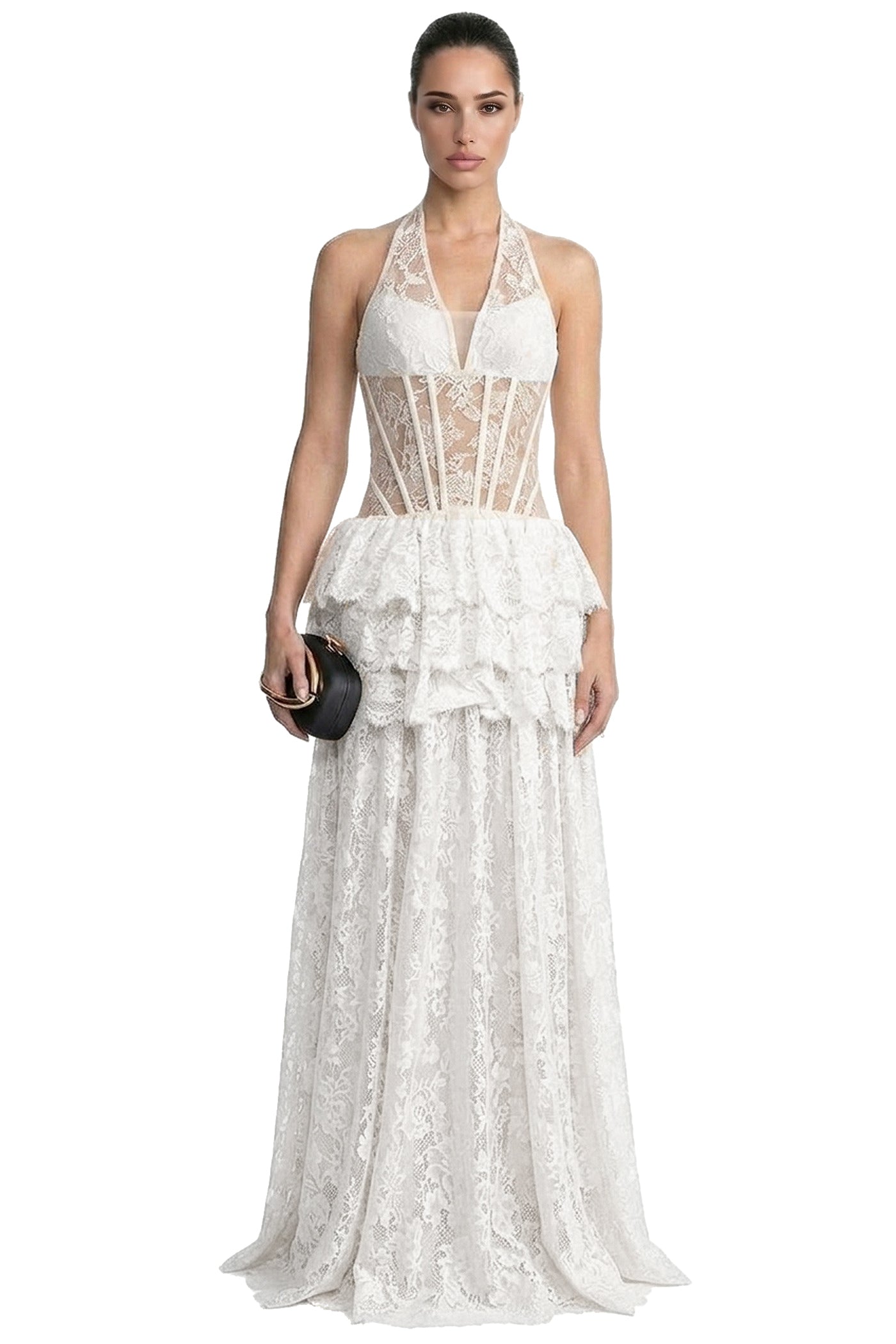 Mélanthe Lace Halter Gown With Sheer Corset And Tiered Ruffle Peplum - White
