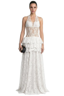 Mélanthe Lace Halter Gown With Sheer Corset And Tiered Ruffle Peplum - White