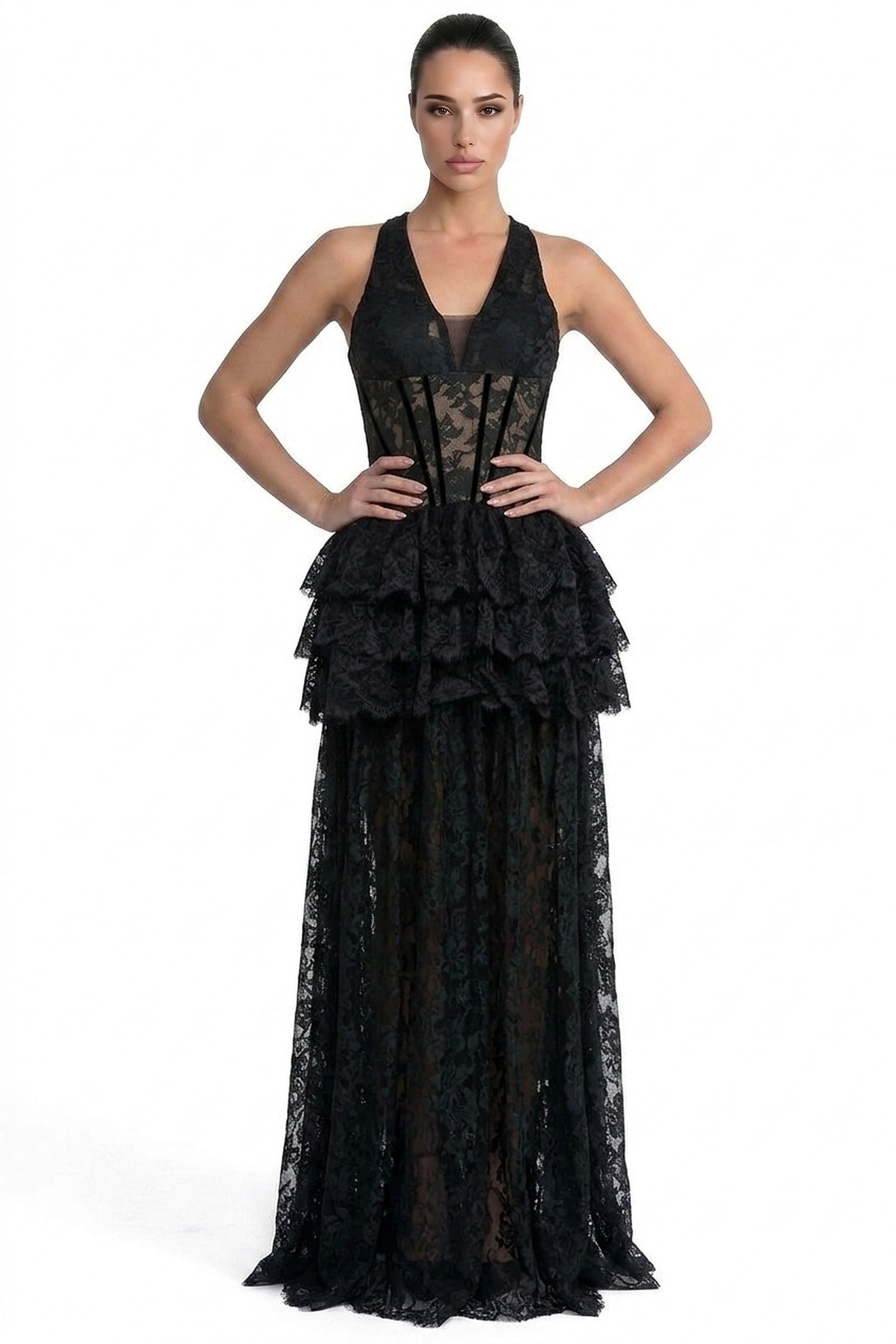 Mélanthe Lace Halter Gown With Sheer Corset And Tiered Ruffle Peplum - Black