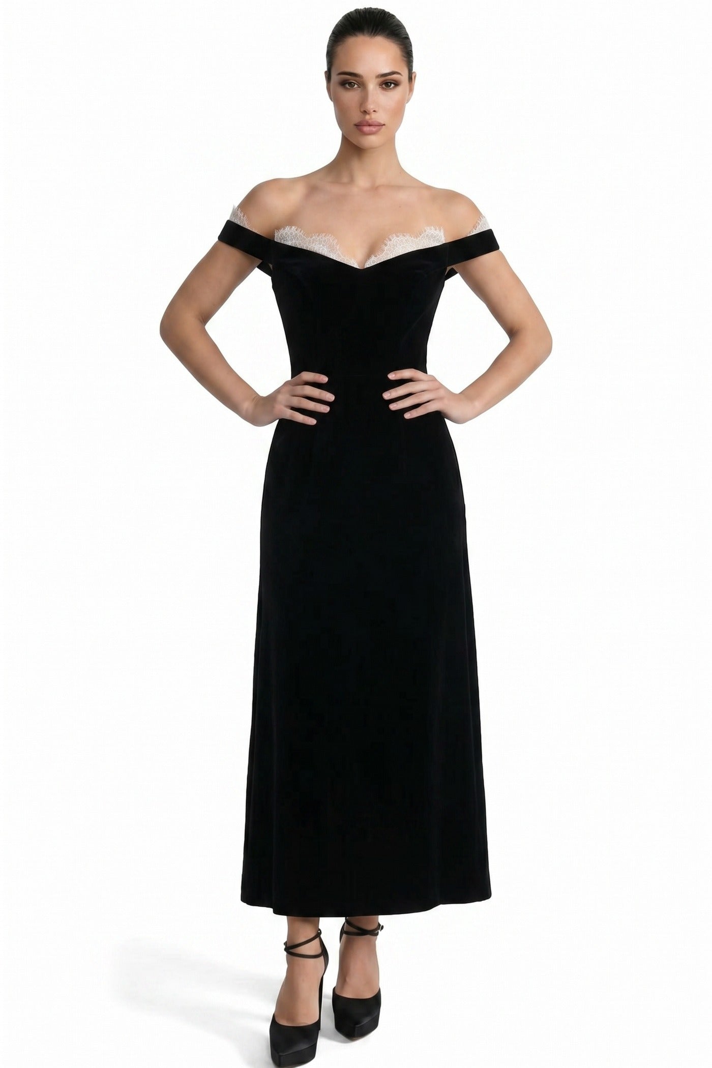 Doriane Off-Shoulder Maxi Dress With Short Sleeves And Column Skirt - Black