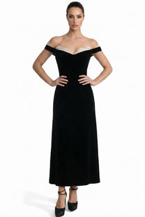 Doriane Off-Shoulder Maxi Dress With Short Sleeves And Column Skirt - Black