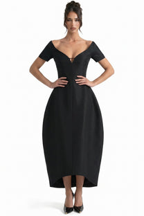Angélique Off-Shoulder Midi Dress With V-Neck And Asymmetric Hem - Black