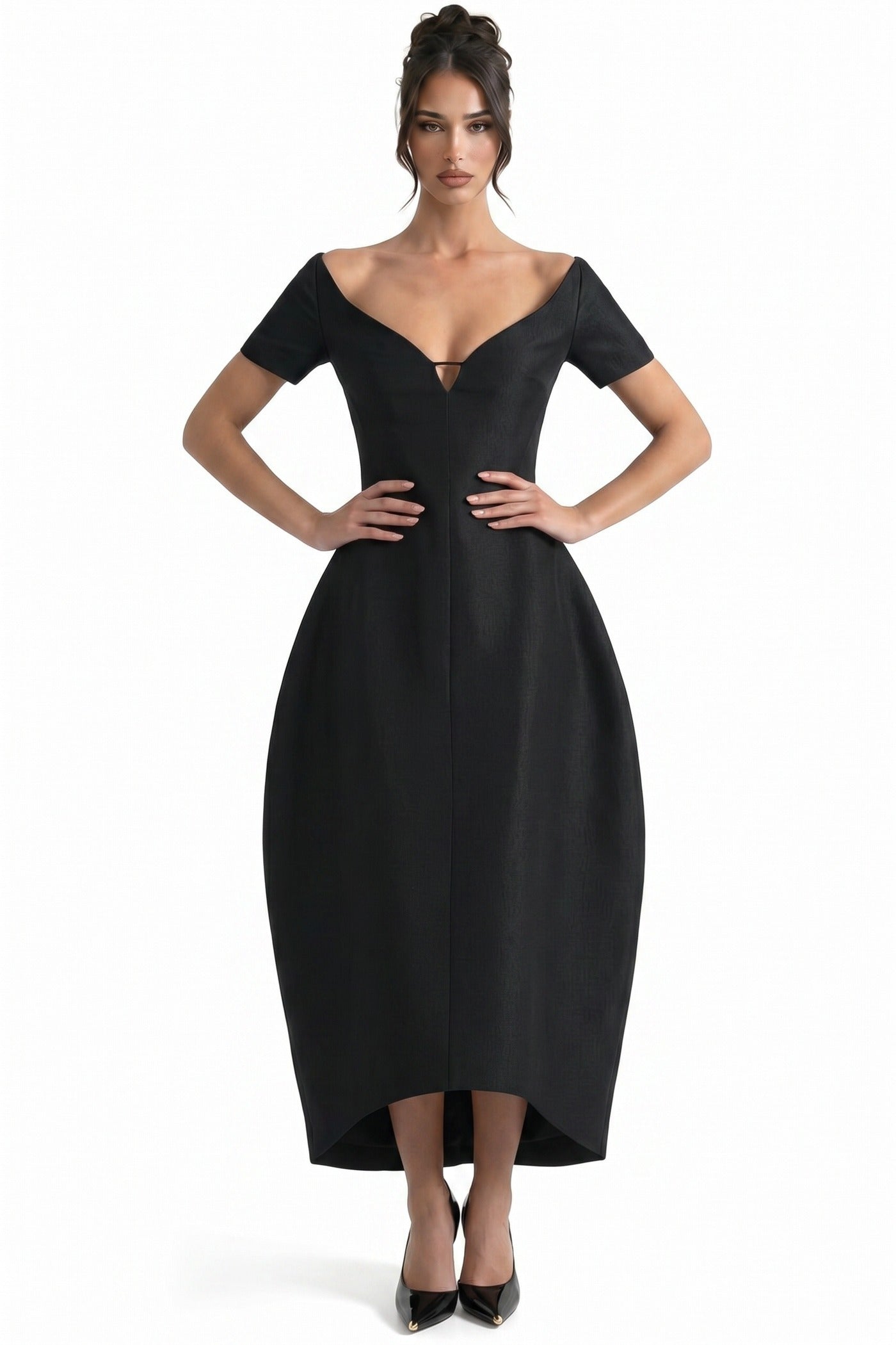 Angélique Off-Shoulder Midi Dress With V-Neck And Asymmetric Hem - Black