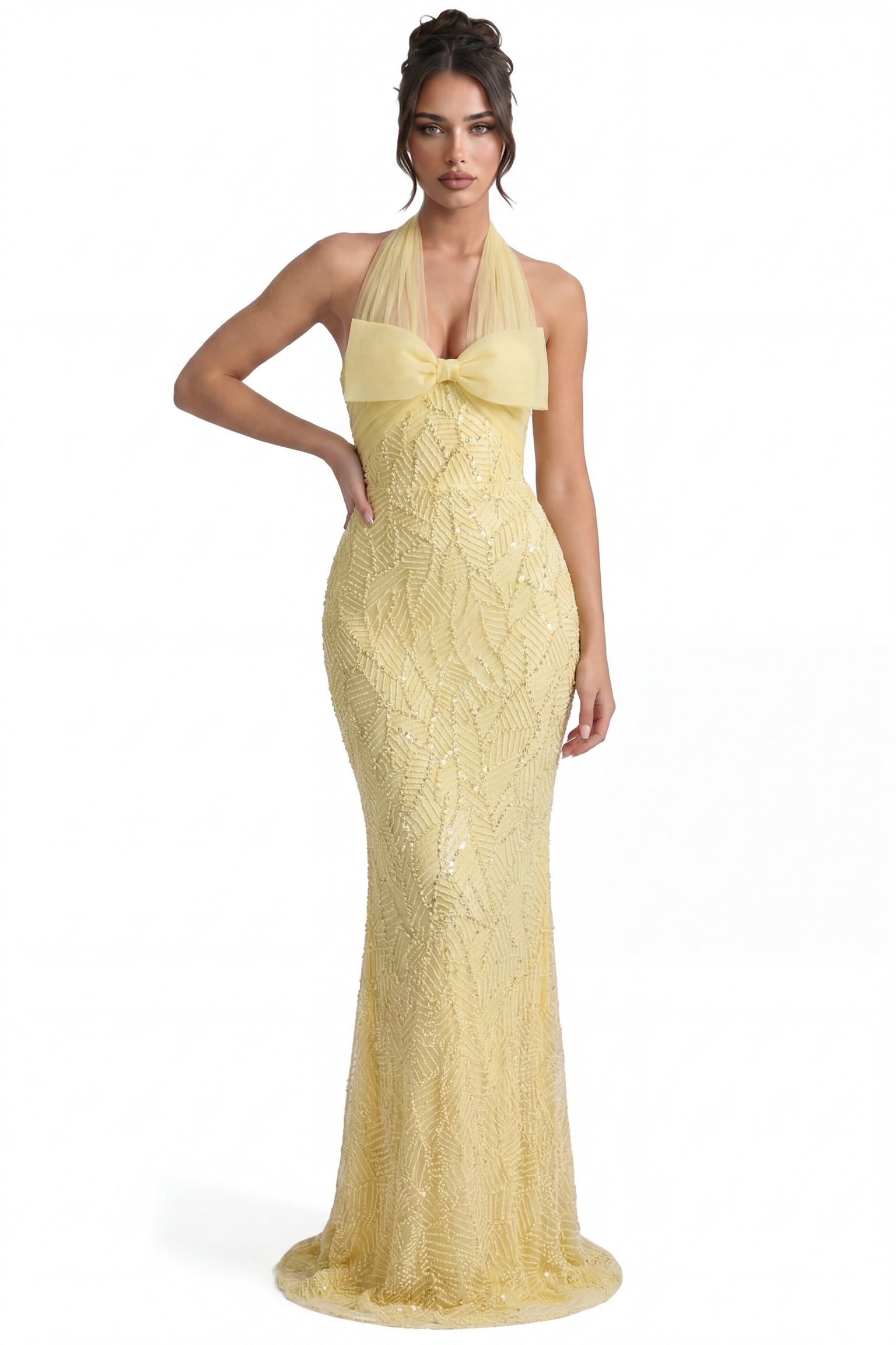Ophélie Sequin Mermaid Gown With Tulle Halter Neck And Bow Detail - Yellow