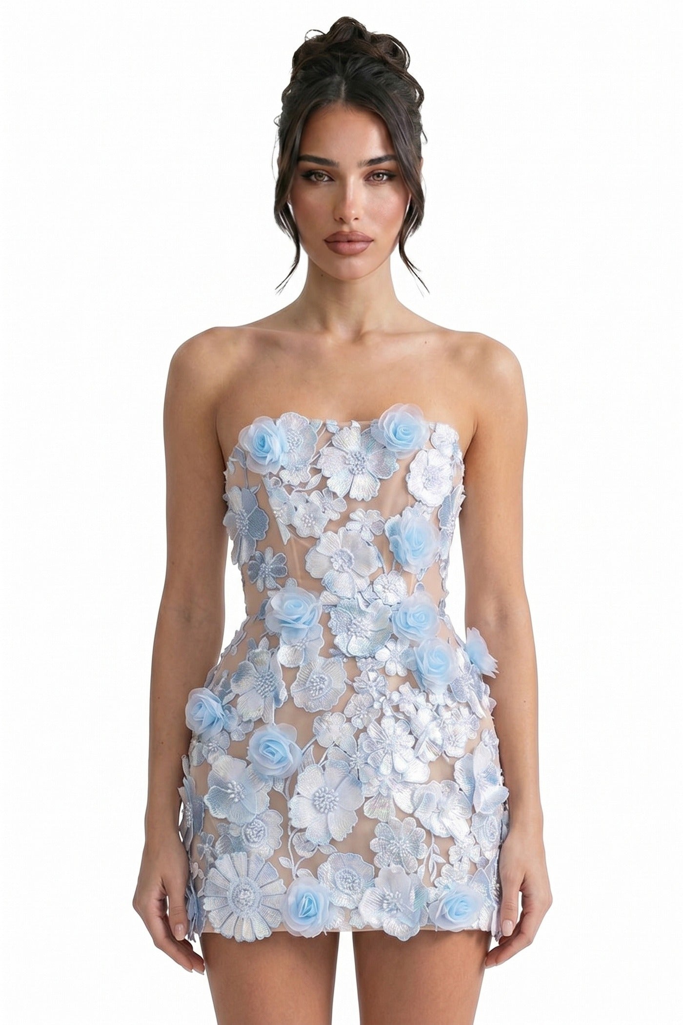 Roxane Strapless Floral Lace Mini Dress With Corset Back - Light Blue