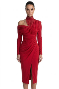 Charline Draped Cold-Shoulder Midi Dress With Front Slit - Red