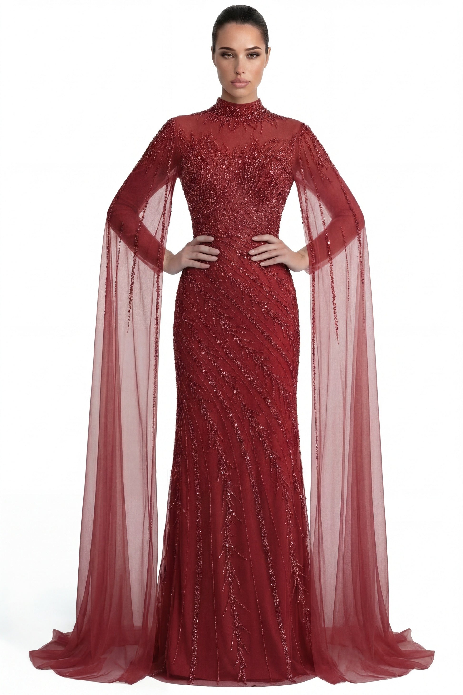 Lumière Embellished Long Sleeve Maxi Dress With Sheer Veil Sleeves - Red