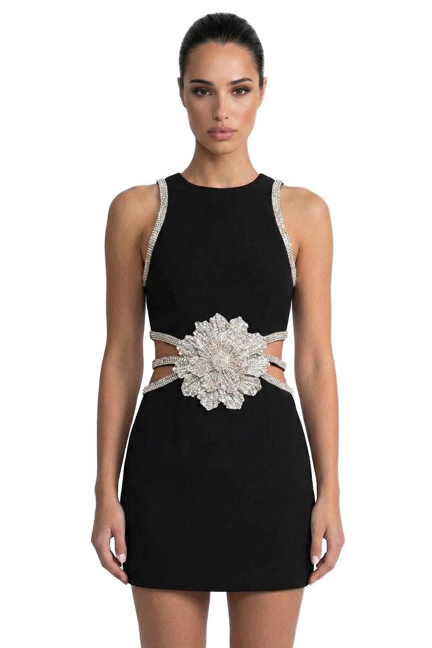Emille Mini Dress With Crystal Flower Waist And Diamond-Trim Straps - Black