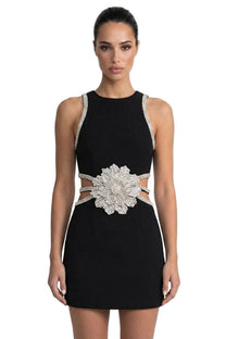Emille Mini Dress With Crystal Flower Waist And Diamond-Trim Straps - Black